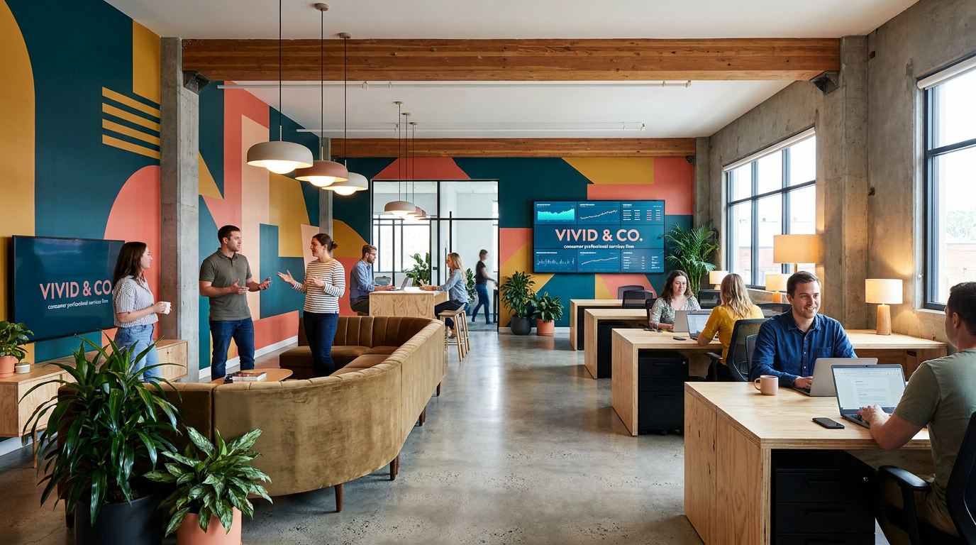 Visualization concept montage with vibrant meeting spaces and team settings